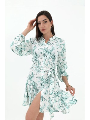 Isawella Eteği Volanlı Viskon Elbise - Yeşil