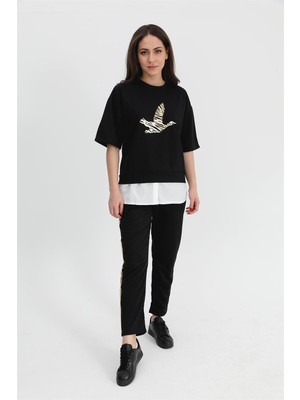 Isawella Takım Eteği Çimalı Kuş Baskılı Beli Lastikli T-Shirt Pantolon - Siyah