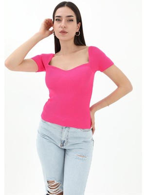 Isawella Prenses Yaka Kısa Kollu Triko  Kazak - Fuşya