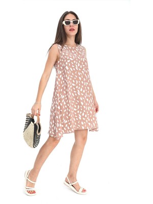 Isawella Elbise Sıfır Kol Desenli Keten - Vizon