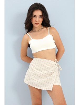 Isawella Şort Etek Arka Beli Lastikli Çizgili Keten - Mavi