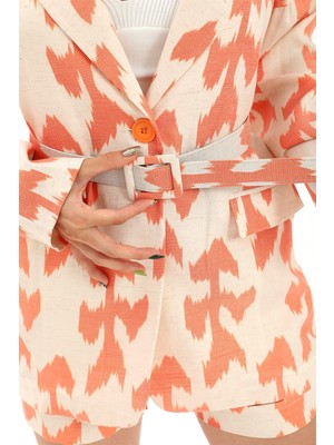 Isawella Kemerli Desenli Oversize Blazer Ceket - Turuncu