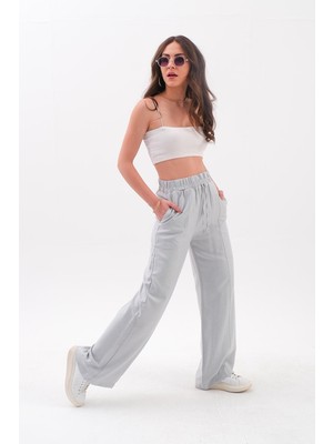 Isawella Önü Çimalı Diyagonal Pantolon - Gri