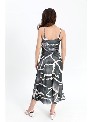 Isawella Elbise Ayarlanabilir Askılı Desen Saten - Haki