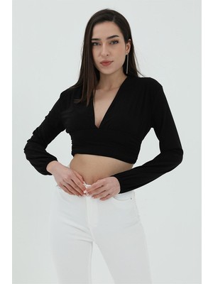Isawella Derin V Yaka Crop Bluz - Siyah