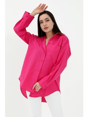 Isawella Tek Cepli Kolları Katlı Oversize Kalın Keten Gömlek - Fuşya