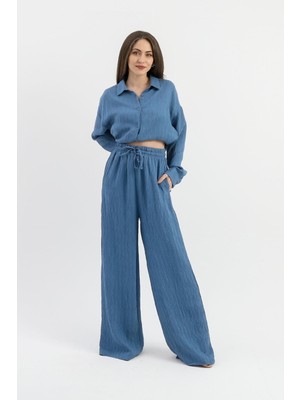 Isawella Yüksek Bel Cepli Krinkıl Kumaş Pantolon - Indigo