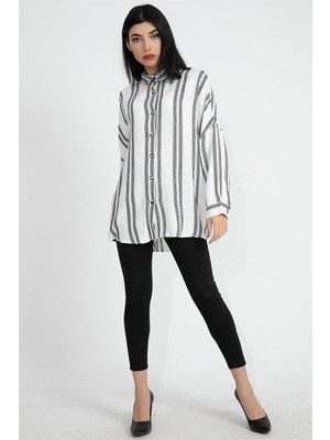 Isawella Balık Sırtı Kumaş Düşük Kol Çizgili Kadın Gömlek - Ekru