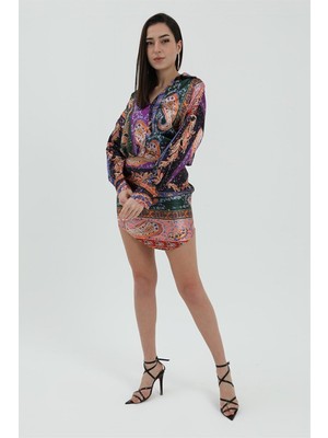 Isawella Etnik Desenli Saten Takım - Turuncu