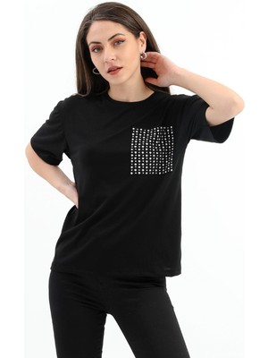 Isawella Zımba Detaylı Cepli T- Shirt - Siyah