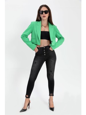 Isawella Çift Peto Cepli Kısa Crop Blazer Ceket - Yeşil