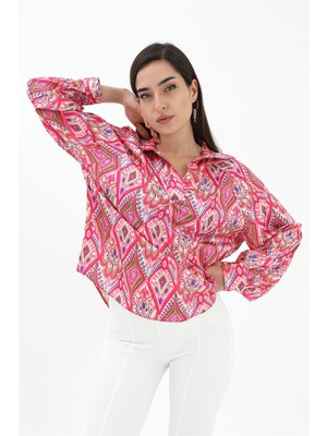 Isawella Reglan Kol Baskılı Saten Gömlek - Pembe