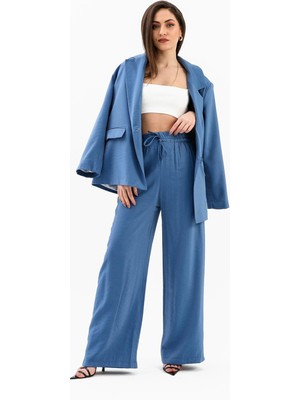 Isawella Kruvaze Yaka Parlak Keten Blazer Ceket - Indigo