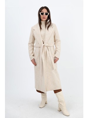 Isawella Kruvaze Yaka Fleto Cepli Uzun Kaban - Ekru