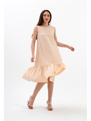 Isawella Kristal Keten Kolsuz Kadın Salaş Elbise - Somon