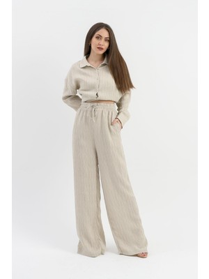 Isawella Yüksek Bel Cepli Krinkıl Kumaş Pantolon - Taş