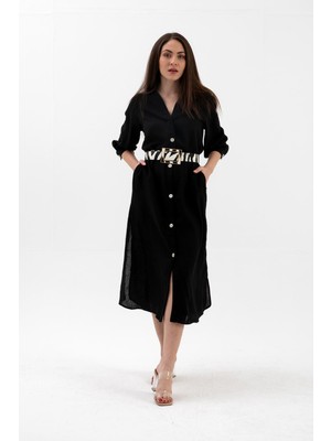 Isawella Truvakar Kol Önü Düğmeli Cepli Keten Elbise - Siyah