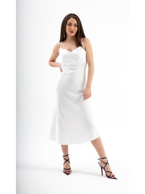 Isawella Ayarlanabilir Askılı Saten Elbise - Ekru