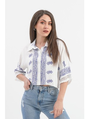 Isawella Antik Desenli Kolları Püsküllü Gömlek - Saksmavisi