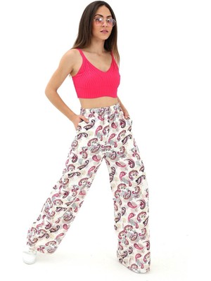 Isawella Bol Paça Renkli Baskı Keten Pantolon - Fuşya