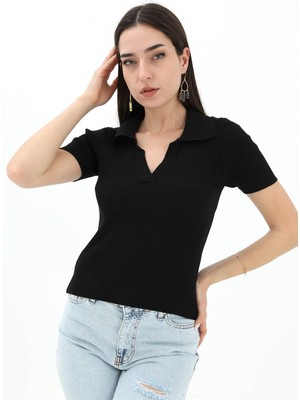 Isawella Polo Yakalı Kısa Kol Triko Kazak - Siyah