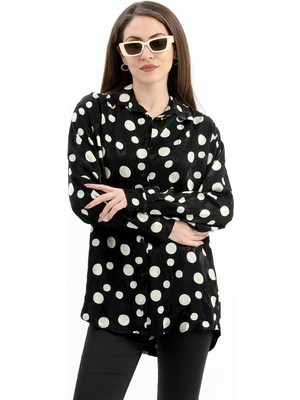 Isawella Düşük Kol Puantiye Desen Saten Gömlek - Siyah-Ekru