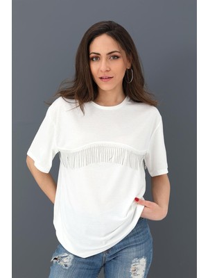 Isawella T-Shirt Bisiklet Yaka Zincir Detaylı - Ekru