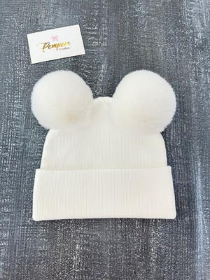 Pempem Bandana Kız Bebek Ekru Kaşkorse Bere 2025 Sonbahar-Kış Peluş Ponpon Detaylı