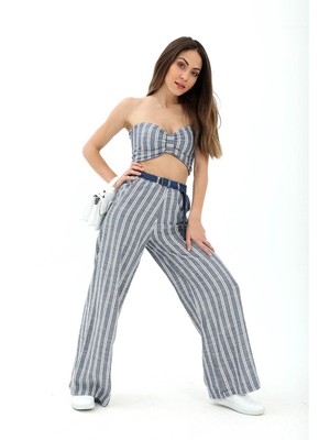 Isawella Hasır Kemerli Çizgili Keten Pantolon - Indigo