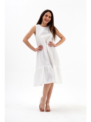 Isawella Kristal Keten Kolsuz Kadın Salaş Elbise - Ekru