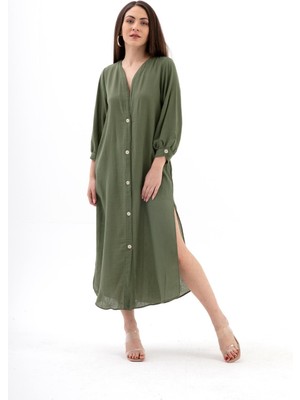 Isawella Truvakar Kol Önü Düğmeli Cepli Keten Elbise - Haki