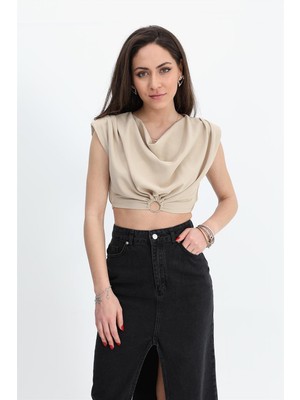 Isawella Bluz Omuzları Vatkalı Beli Lastikli Halka Detaylı - Bej