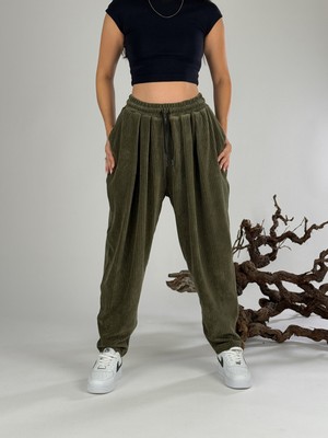 Cocopelli Yeşil Kadife Pileli Kadın Jogger Pantolon