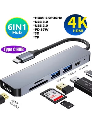Anktek 6 Port Çoğaltıcı Dönüştürücü 6 In 1 Type-C Hub Tel Pc Tablet 4K Hdmi Sd Tf Usb3.0/2.0