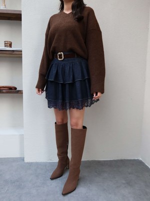 Esra Helvacı Dantelli Mini Kat Denim Etek