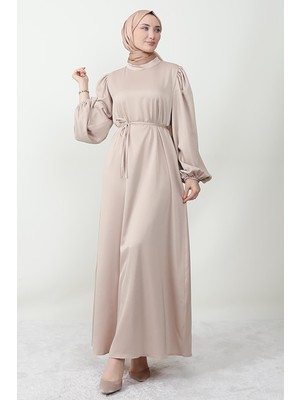 Giza Store Ince Kuşaklı Saten Elbise Bej