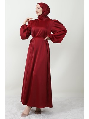 Giza Store Ince Kuşaklı Saten Elbise Bordo
