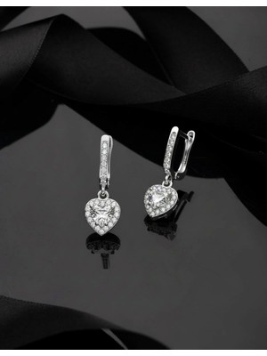 Roza Silver 925 Ayar Zirkon Taşlı Rodyum Pırlanta Işıltılı Sallantılı Kalp Gümüş Küpe