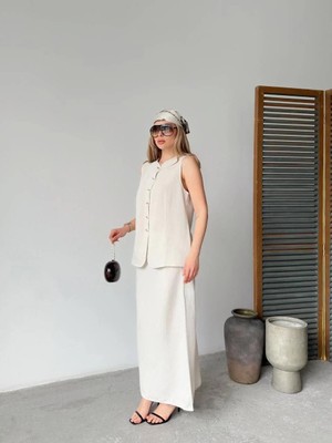 Rawea Fashion Keten Kolsuz Sıfır Yaka Ilik Düğmeli Kolsuz Hırka Etek Ikili Takım- Beyaz