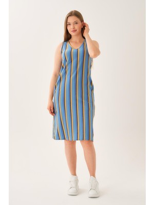 Çizgili V Yaka Kalın Askılı Elbise