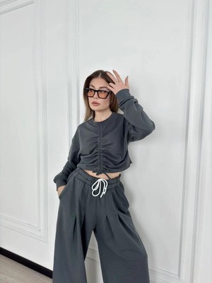 Rawea Fashion Uzun Kollu Önü Ip Büzgülü Crop ve Pantolon Ikili Takım - Antrasit