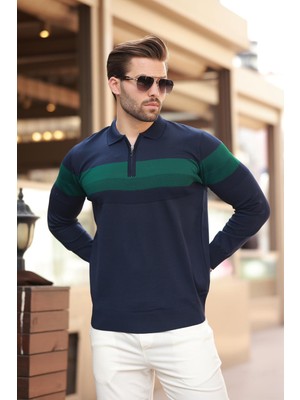 Madmext Lacivert Fermuarlı Polo Yaka Çizgili Uzun Kollu Kazak E7288