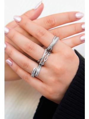 Trend Collection Gümüş Renk Zirkon Taşlı Vip Kadın Yüzük Seti (3’lü)