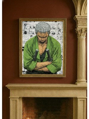 Roronoa Zoro – One Piece Manga Çizim Altın Çerçeveli Dekoratif Duvar Tablosu
