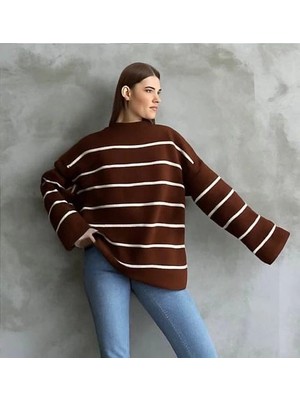 Mesga Butik Çizgili Ispanyol Kol Triko Boğazlı Kahve Beyaz Elf