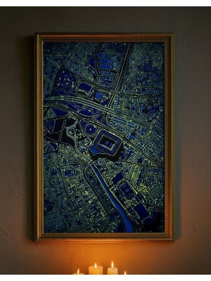 Fenerbahçe – Kadıköy Gece Haritası Tasarım Altın Çerçeveli Dekoratif Duvar Tablosu