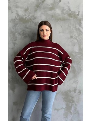 Mesga Butik Çizgili Ispanyol Kol Triko Boğazlı Kazak Bordo Elf