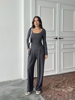 Pophlin Antrasit Kare Yaka Büzgülü Modal Takım