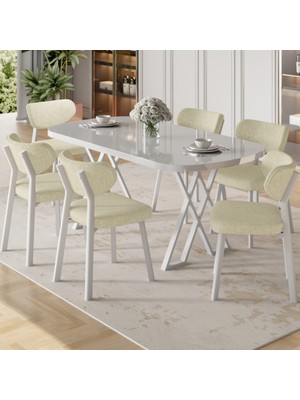Canisa Axton Serisi Sabit Mdf 90X168 Beyaz Mutfak Masa Takımı 6 Krem Sandalye