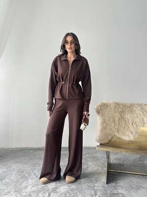 Pophlin Kahve Bel Büzgülü Modal Takım